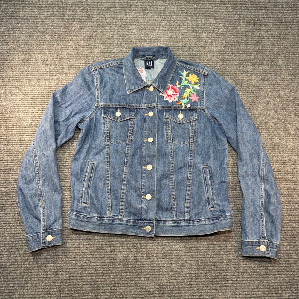 GAP Denim Floral Embroidered Trucker Jacket Medium Wash Blue Women Medium